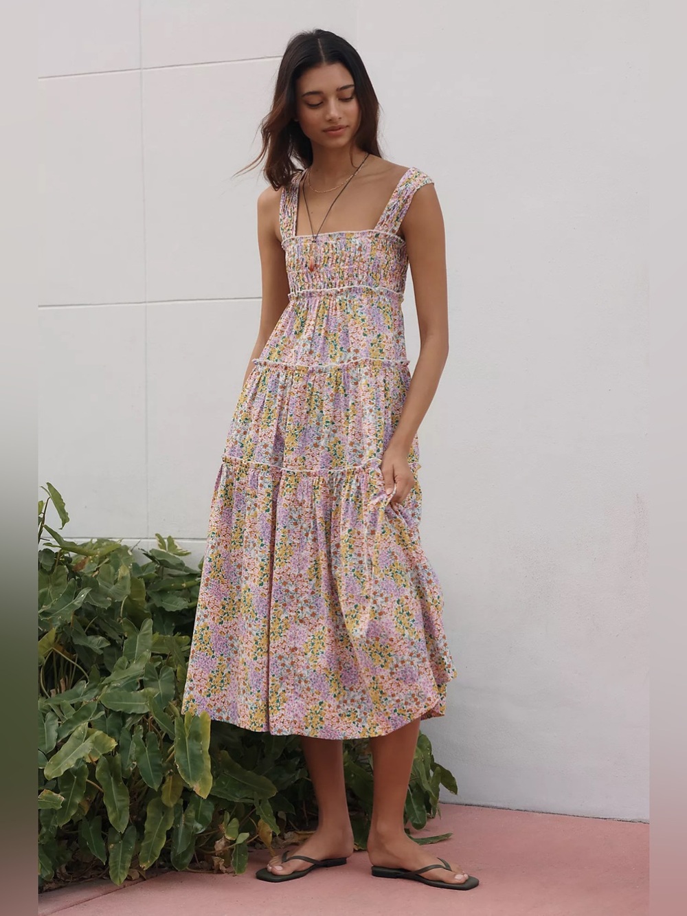 Helena Square-Neck Smocked Tiered Midi Dress